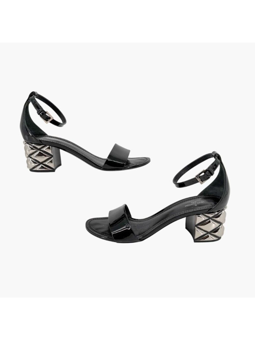Louis Vuitton Silver Light LV Block Heel Sandals Black Patent Size 38.5 US 8.5 - Picture 7 of 15